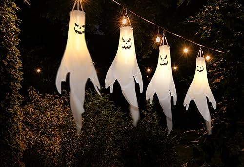 Halloween Ghost Decorations Outdoor: with Timer, 4 Pcs Spooky Hanging Ghost for Tree Porch Garden Yard, Waterproof LED Ghost Halloween Decor