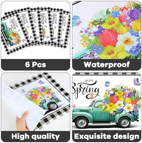 Happy Spring Placemats Set of 6 Black White Plastic Table Mat 17×13×0.04in