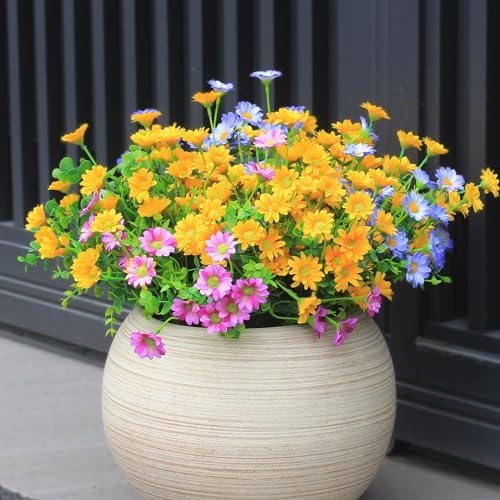alyptus Artificial Mums for Outdoors 16 Bundles UV Resistant Plants Yellow Faux Sile Daisy Fake Plastic Eucalyptus for Fall Decor