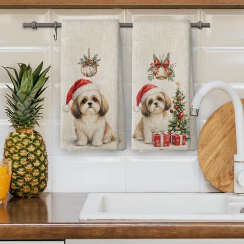 Shih Tzu Christmas Tree Kitchen Dish Towels 16x24, Set of 2