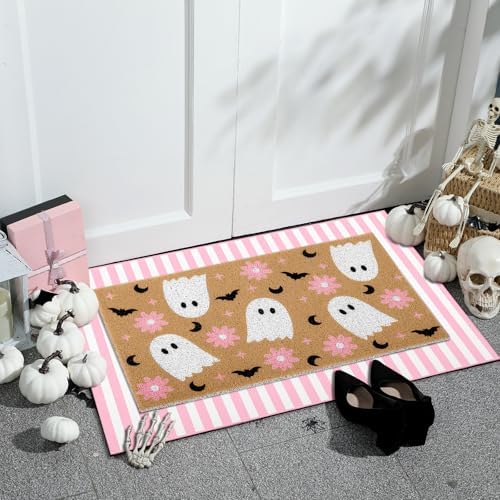 Tinideya 2 Pcs Halloween Pink Ghost Layered Doormat Set