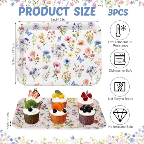 Vesici 3 Pcs Wildflower Serving Trays 13 x 10 Inch Colorful Floral Melamine Platters Reusable Rectangular Serving Dishes for Summer Wedding Bridal Tea Party Sharing Food Snacks Fruit Dessert Candy