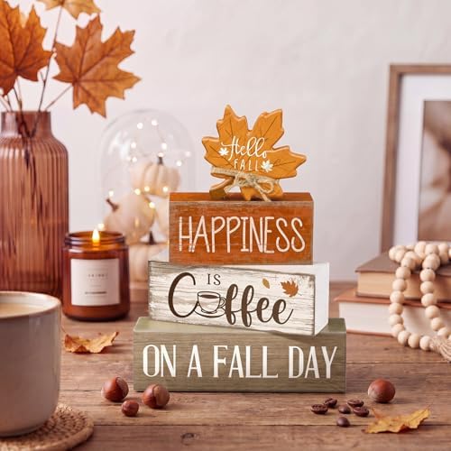 Lineshading 4 Pcs Fall Table Decor Maple Leaf Coffee Sign, Wood Block Set