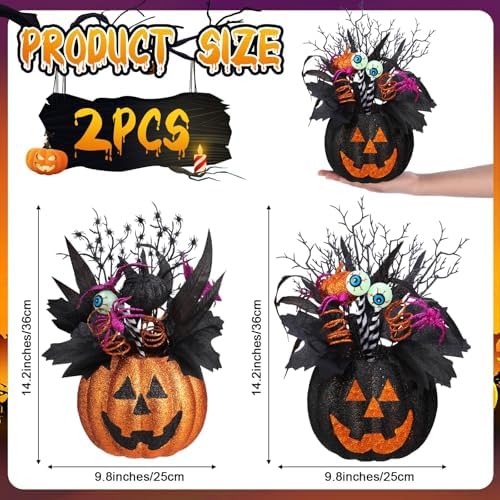 Giegxin 2 Pack Halloween Table Centerpieces Decorations 14'' x 10'' Jack O Lantern Artificial Flowers Pumpkin with Spider and Eyeball Halloween Tabletop Decor for Home Kitchen Indoor Outdoor