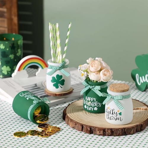 St Patricks Day Tiered Tray Decorations, 4 Pcs St. Patrick's Day Mini Mason Jars, Decorative Jars for St Patricks Day Table Decor, Tiered Tray Decor, Spring Green Table Decor