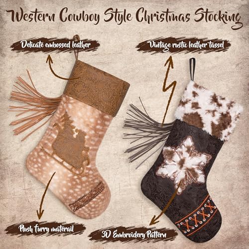 LUBOT Christmas Stockings Set of 6, Western Cowboy 20" Rustic Farmhouse Fireplace Hanging Décor Neutral Embossed Leather & Plush Faux Fur with Tassel Accents Large Family Xmas Stockings