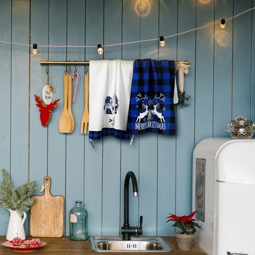 Sratte 6 Pcs Christmas Kitchen Towels Blue Black Buffalo Plaid Dish Towel