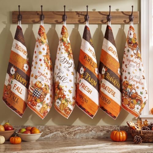 Redbaker 6 Pcs Fall Kitchen Towels, Ivory Pumpkin Funny Dish Towel, Autumn Absorbent Farmhouse Decorative Fast Drying Tea Dishcloth with Hanging Loop for Kitchen Bathroom Home Housewarming Gift