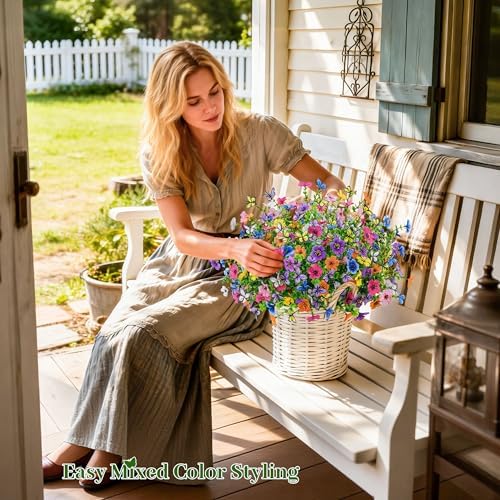 Der Rose 12Pcs Artificial Flowers for Outdoors, 8Pcs Silk Fake Flowers with 4Pcs Lifelike Butterfly Flowers, UV Resistant Faux Flowers for Outdoor Planters Window Boxes Patio Porch Garden Decoration