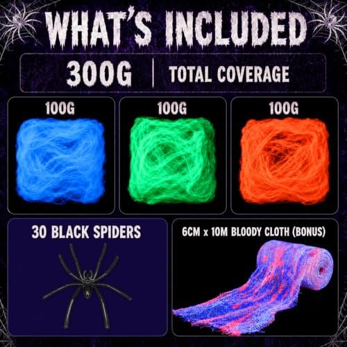 Mega-L Halloween Glow Spider Webs 3 Colors 300g with 30 Small Spiders