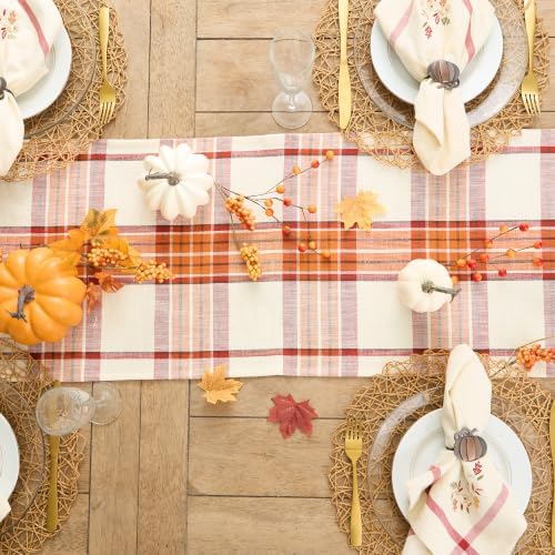 DII Thanksgiving & Fall Table Decoration Autumn Farmhouse Plaid, Table Runner, 14x72, Pumpkin Spice Orange