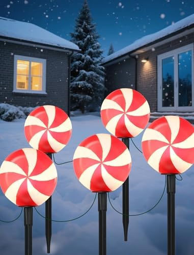 10.5FT Christmas Pathway Lights, 5PK LED Candy Cane Yard Stake Lights