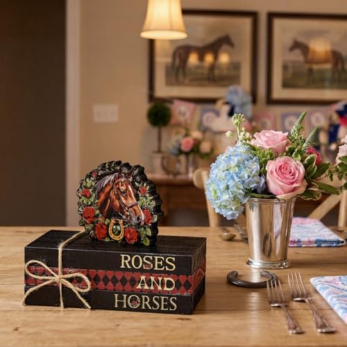 Smile Horses and Roses Wooden Block Decor Set, 4-Piece Horse Head Wreath & Themed Tiered Tray Tabletop Signs for Horse Racing Party Decorations