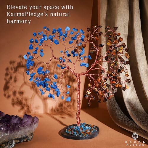 Handmade Healing Crystal Tree of Life Pink Tiger Eye and Turquoise Chakra Tree for Money, Good Luck, Feng Shui Home