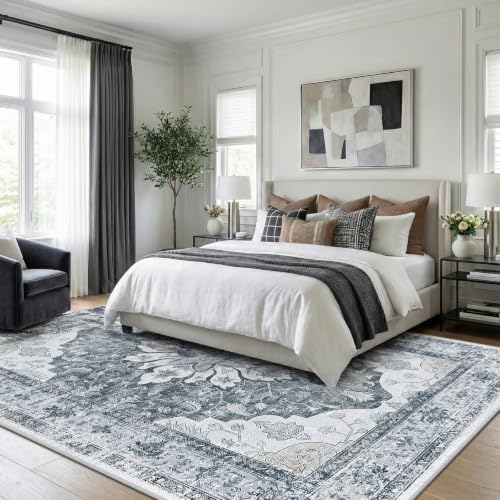 RELEANY Washable Area Rug, 8'x10', Grey/White/Beige