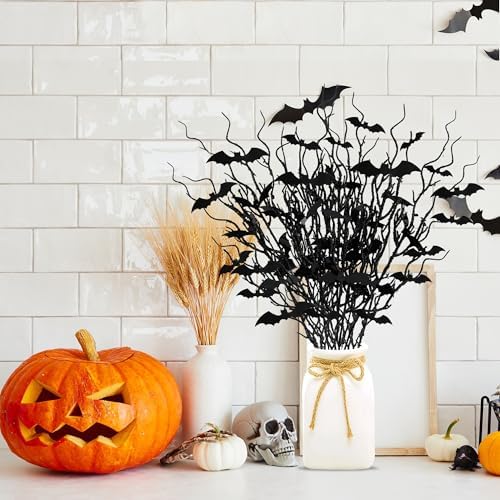 Sggvecsy 15 Pcs Artificial Halloween Glitter Stem with Black Bats Faux Picks Curly Willow Branches Decorative Glitter Sticks Twigs for Halloween DIY Crafts Festival Home Decoration