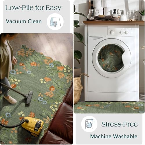 Front Door Mat Indoor Entrance - 2x4.3 Ft Sage Green Floral Washable Layered Doormat Outdoor Entrance Porch Rug