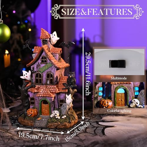 Valery Madelyn Halloween Decorations, Lighted Halloween Village Houses with LED Lights, Resin Spooky Town Happy Haunted House for Home and Party Table Desk Mantel, 12 Inch