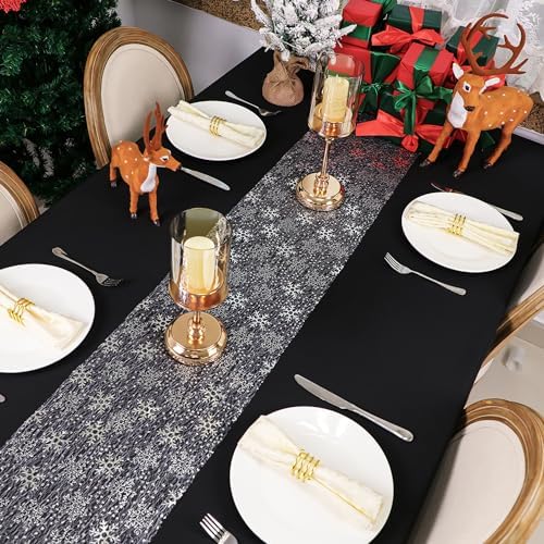 Snowkingdom Christmas Snowflake Silver Table Runner 11 Inch x 100 Feet Sparkly Silver Foil Glitter Metallic Mesh Dining Table Decorations for Seasonal Winter Xmas Festival Holiday Home Party