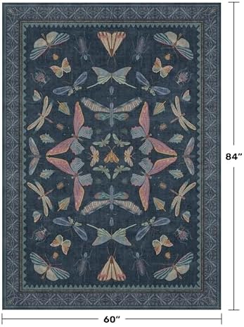 5x7 Navy Blue Boho Rugs for Living Room, Stain Resistant Non Slip Area Rug for Dining Room, Whimsical Bedroom Insect