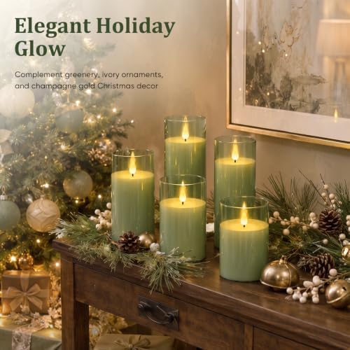 Homemory Sage Green Flameless Candles, Acrylic LED Pillar Candles with Remote Timer, Set of 9
