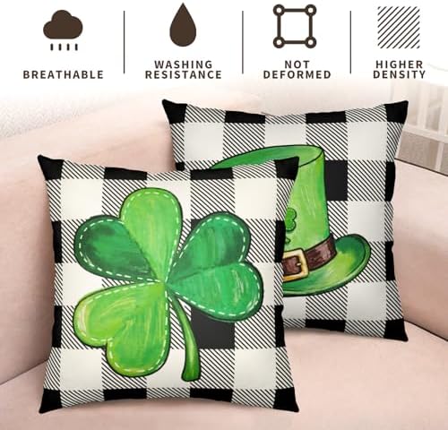 Green Shamrock Hat St Patricks Day Throw Pillow Covers 22x22 Set of 2 Buffalo Plaid Lucky Clovers Decorative Pillowcases St Patrick Outdoor Spring Cushion Covers for Couch Sofa Porch Decor