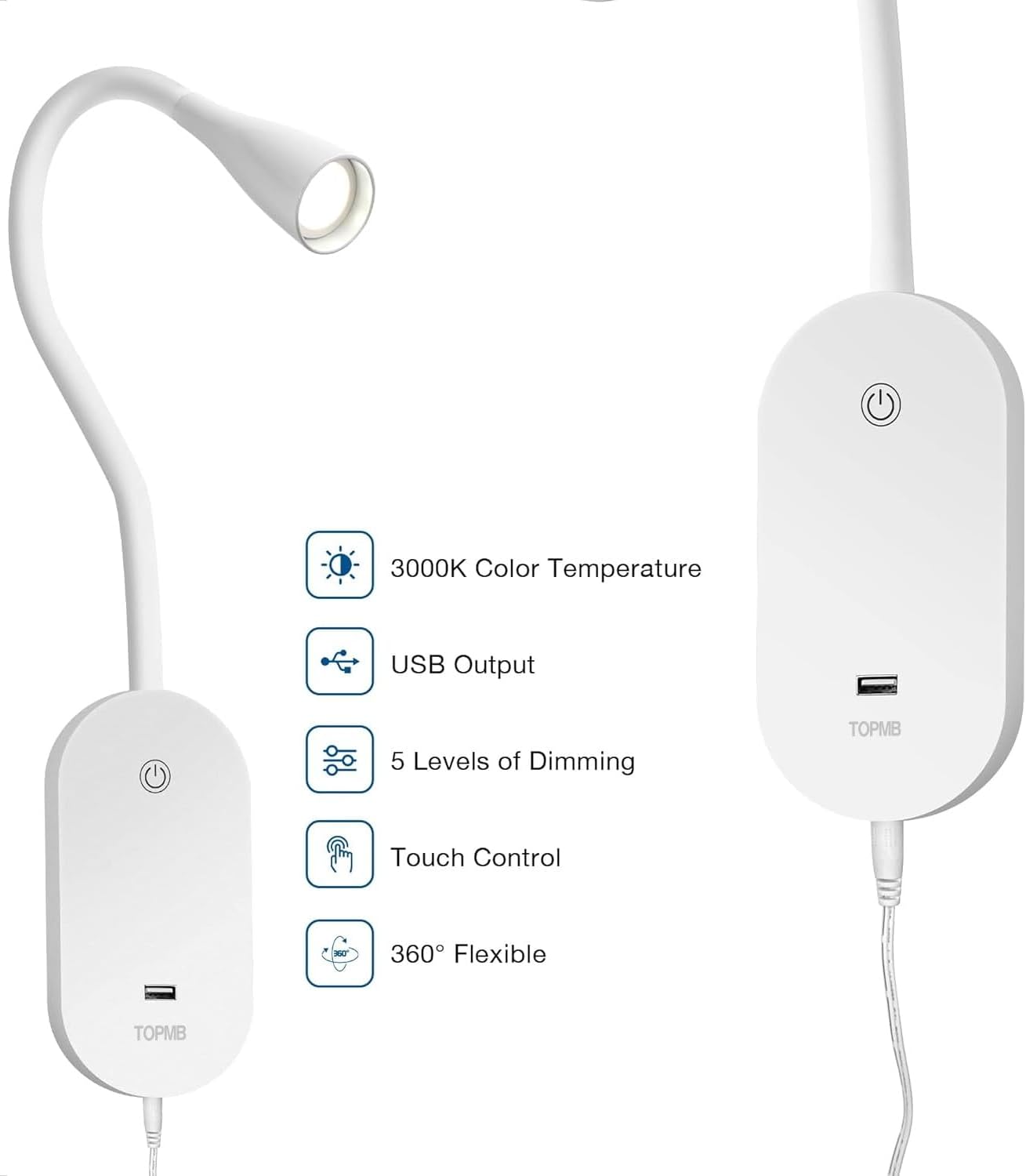 Wall Reading Light for Books in Bed, USB Output Headboard Wall Lamp,5 Dimmable Touch Control Reading Lamp,LED Warm