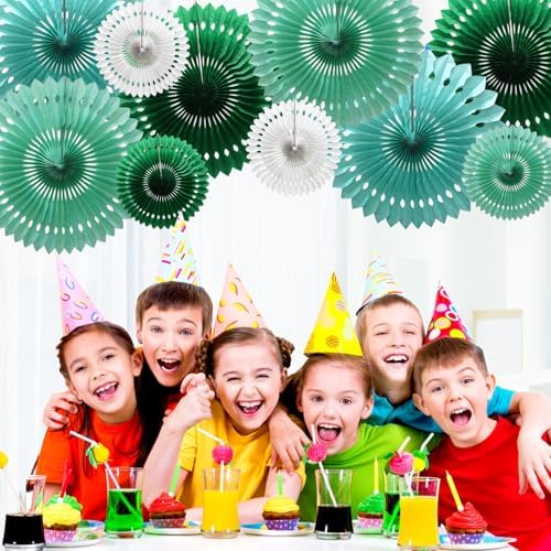 Green Decorations for Party Green White Honeycomb Paper Fans Set