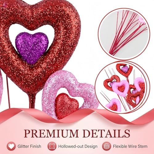 6PCS Valentine Day Decorative Floral Picks, Glitter Heart-Shaped Decorative Picks for Vases, Glittering Red and Pink Romantic Vase Fillers for Weddings, Anniversaries, Home & Table Decor​