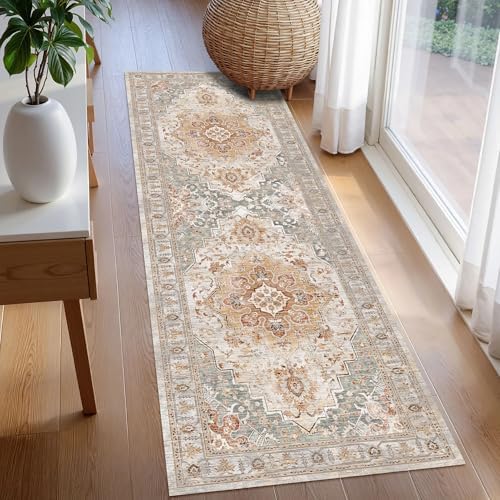 Washable Area Rug 2'6'' x 8' Vintage Traditional Persian Mat - Foldable Distressed Non-Slip Machine Washable Carpet for