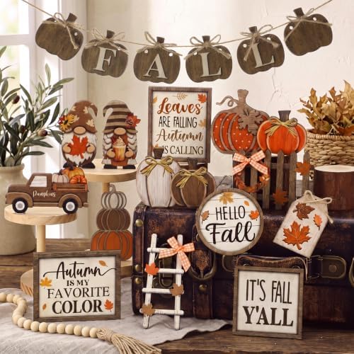 Shellwei 20 Pcs Fall Tiered Tray Decor Set, Thanksgiving Wooden Table Sign