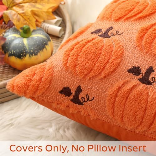 Artscope Fall Pumpkin Throw Pillow Covers 18x18 Set of 2, Autumn Soft Plush Faux Fur Decoration Cushion Covers for Thanksgiving Holiday Couch Sofa Bedroom Home Decor-Orange
