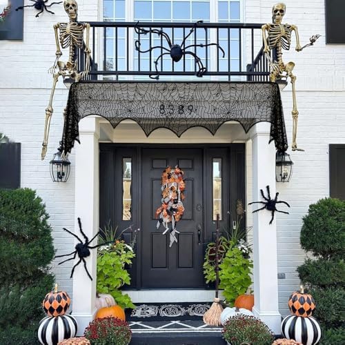 Halloween Decorations Black Lace Spiderweb Fireplace Mantle Scarf Cover(19x99 Inch) Indoor Outdoor Spider Web Netting Spooky Haunted House Home Room Bedroom Table Wall Decor Party Favors Supplies