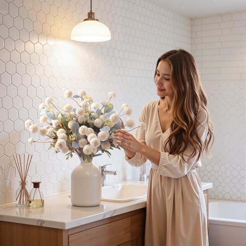 Alupssuc 16Pcs Faux Silk Mums Artificial Flowers with Eucalyptus White