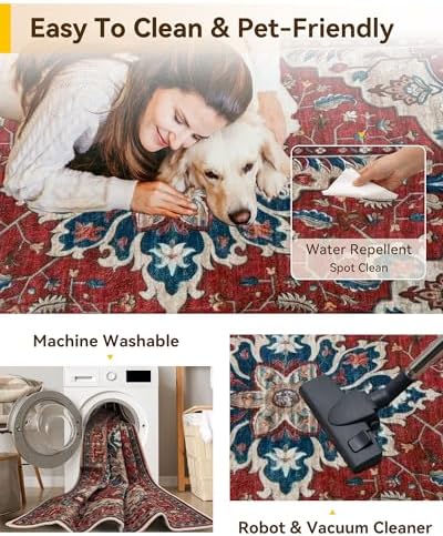 RELEANY Washable Area Rug, Small 2'6"x4', Red/Blue