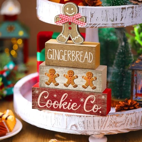 Moucuny 4 Pcs Gingerbread Christmas Table Decor, Gingerbread Man Wood Sign