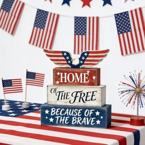 4th of July Table Decorations Patriotic Memorial Day Tiered Tray Decor Wooden Eagle Block Signs Independence Farmhouse 250th July Fouth Centerpiece for Tables Wooden Sign for Home Decor