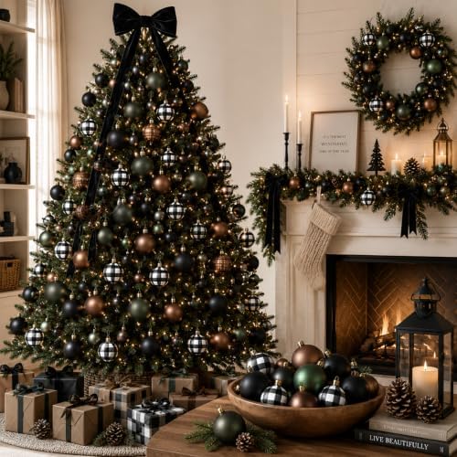 Lunmon 64 Pcs Neutral Christmas Ball Ornaments Bulk Matt Glitter Check Brown Green Black Xmas Bulbs Ornaments 1.6/1.97/2.4 Inch Modern Christmas Decorations for Tree Holiday Indoor Wreath Home Decor