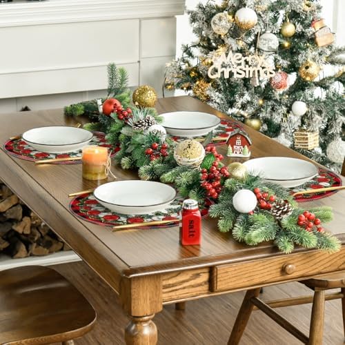 Artoid Mode Holly Balls Ornament Buffalo Plaid Merry Christmas Round Placemats Set of 4, 14 Inch Winter Round Table Mats for Dining Decoration