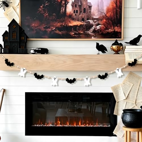 Halloween Decor Pre-Assembled Wooden Ghosts Bats Beads Garland 5.7FT
