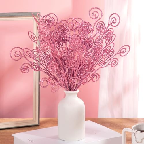 Ysleen 50 Pcs Glitter Tree Picks and Sprays Twigs Branches, Pink