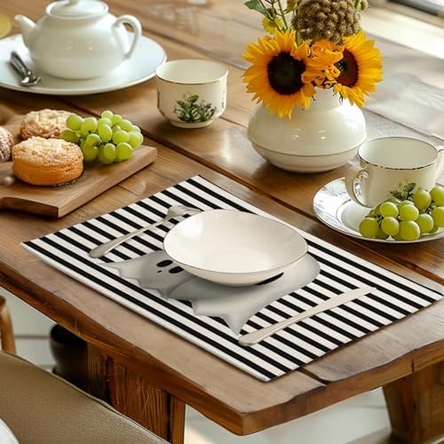 Halloween Ghost Striped 12x18 Placemats Set of 4 Cute Spooky Ghosts Seasonal Linen Farmhouse Table Placemats Heat Resistant Washable Plate Mats for Party Kitchen Dining Decoration