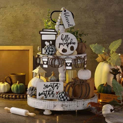 FairySandy 19 Pcs Fall Tiered Tray Decor Set, Hello Pumpkin