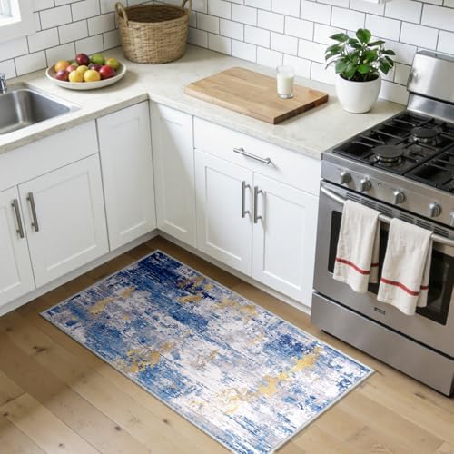RELEANY Washable 2'x4' Abstract Area Rug for Living Room Blue Gold