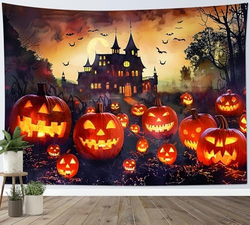 LB Halloween Tapestry Creepy Pumpkin Lantern Bat and Haunted Castle in Misty Forest Wall Tapestry for Bedroom Spooky Night Wall Hanging Tapestry Wall Art for Living Room Home Decor, 59 x 51 Inches