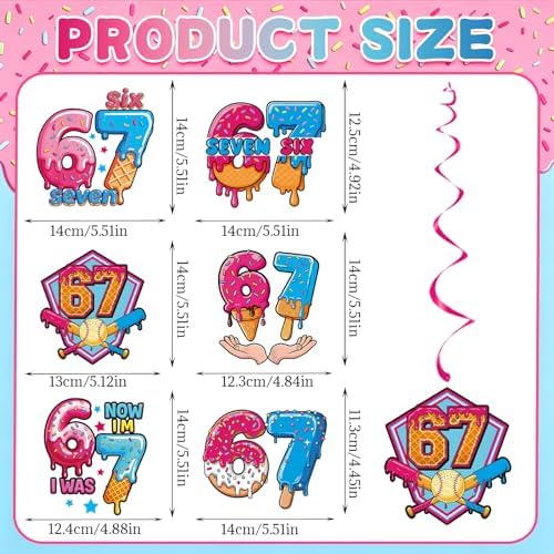 6 7 Birthday Hanging Swirl Decorations, 30Pcs Six Seven Party Ceiling Streamers for 6 7 Meme Ice Cream Birthday Party Supplies