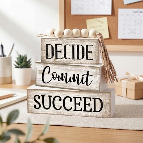 Moucuny 4 Pcs Rustic Wooden Office Shelf Decor Block Signs Farmhouse