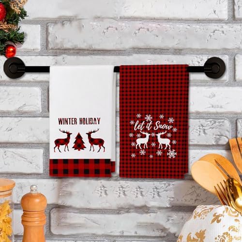 JOOCAR Red Deer Kitchen Towels Christmas Dish Towels Set of 2, 16x27 Inch Seasonal Witner Holiday Drying Dishcloth, Red Buffalo Plaid Decoration Hand Towels for Kitchen Bathroom