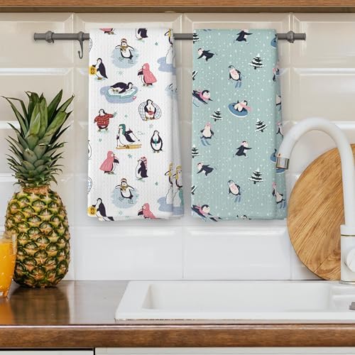 XPH Winter Penguin Kitchen Dish Towels Set of 2, Cute Penguin Gifts for Women Kids, Ski Gifts for Women, Cozy Winter Skiing Wild Animals Hand Towels Kitchen Tea Towel Decorations, 16x24inch