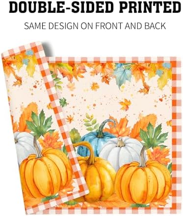 Fall Thanksgiving Placemats Set of 4 18x12 Inch Autumn Pumpkins Maple Leaves Linen Place Mats Heat-Resistant Washable Wipeable Orange Plaid Table Mat for Party Kitchen Dining Room Dinner Table Decor